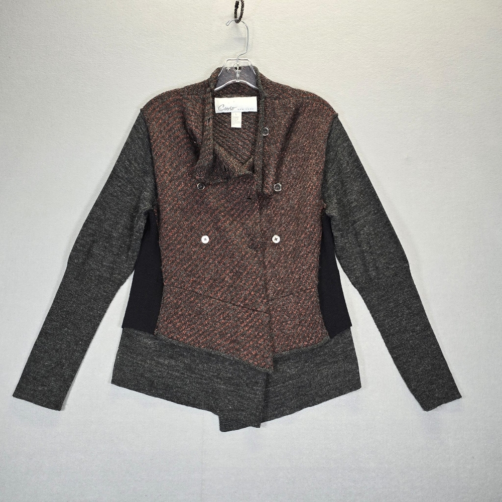 Curio Casual JacKet Women Large  Black/Orange Tweed Cowl Neck Long Sleeve